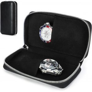 Kal-Étui De Rangement Pour Montre, Pochette De Protection Portable En Cuir Véritable Avec 2 Supports De Montre (Noir) - Neuf