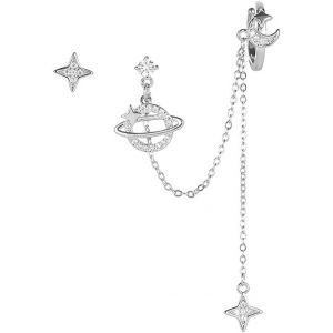 Kalhx-Boucles D'oreilles Plan&eacute;taires En Argent Sterling 925 Avec Motif Lune Et &Eacute;toile-Boucles D'oreilles Asym&eacute;triques Pour Femmes,Adolescentes,Filles,Mignons,Hypoallerg&eacute;niques,Cadeaux Pour Fille, - Neuf