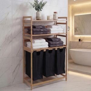 Panier &agrave; linge en bambou HWC-P78, panier &agrave; linge, &eacute;tag&egrave;re, organiseur de linge, 3 compartiments MVG 125x80x40cm 135Lnoir - Neuf