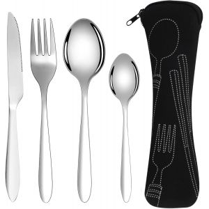 Ensemble De Couverts 4 Pi&egrave;ces, Couverts En Acier Inoxydable, Voyage Ensemble Couverts Set, Couverts Portatifs En Acier Inoxydable Pour Pique-Nique, Voyage, &Eacute;cole, Bureau - Neuf