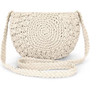 RFCBC-Sac à Bandoulière Rond pour Femme, Sacs Plage d'Été en Coton Tissé, Petit Sac en Crochet Bohème Fait à la Main, Sac à Porter à l'Épaule pour Vacances, Fêtes, Voyage (Beige) - Neuf
