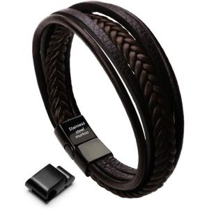 Homme Cuir Véritable Bracelet Et Acier Inoxydable Bracelet Multi Tissé Réglable Noir Ou Marron Cuir Bracelet Pour Les Hommes - Neuf