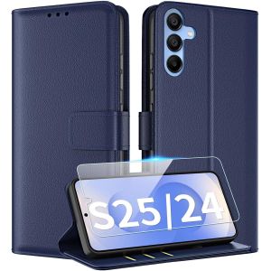 SJZG-Coque Pour Samsung Galaxy S25 5G / S24 5G Coque Etui Avec Verre Tremp&eacute; Porte Carte Rabat Clapet Portefeuille Cuir Pochette Antichoc Flip Case &Eacute;tui Housse Protection Coque,Bleu Fonc&eacute; - Neuf
