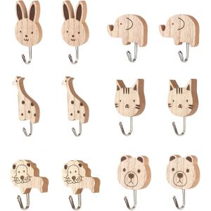 Pat&egrave;res Enfants Porte-manteau pour enfants : 12 pi&egrave;ces crochets muraux autocollants en bois pour v&ecirc;tements, sacs, serviettes et cl&eacute;s, crochets animaux mignons pour chambre d'enfant - Neuf