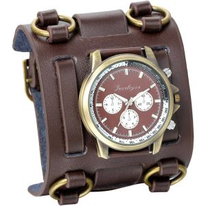 Eryi-Montre Homme Sport Quartz Analogique Cadran Décoration Trois Yeux Chronomètre Bracelet Cuir Alliage Avec Sac Cadeau - Neuf