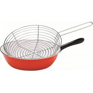 KALANKA-, Poêle à Friture en Émail 26 cm Rouge, Acier Émaillé avec Panier en Acier Inoxydable, Compatible Induction, Idéale pour Friture et Cuisson Saine, Design Élégant - Neuf