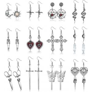 Kal-Lot Boucles D'oreilles Gothique Pour Femme Goth Vintage Grunge R&eacute;tro Argent Punk Rock Serpent Mauvais ?il Coeur Pendantes F&eacute;e Squelette Soleil Lune Boucles D'oreilles Halloween Bijoux - Neuf