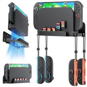 Eryi-Support Mural Pour Nintendo Switch 2, Support Pour Switch Accessoires Avec 5 Fentes Pour Cartes De Jeu Et 4 Crochets Pour Joy-Con, Étagère Murale En Métal Avec Dissipation Thermique Creuse - Neuf