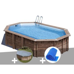 Kit piscine bois Gr&eacute; Macadamia 6,32 x 3,35 x 1,30 m + B&acirc;che hiver + B&acirc;che &agrave; bulles - Neuf