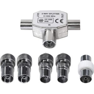 2 Way Coaxial Splitter - BK 0-1000MHz Antenna Splitter for DVB-T/BK - T Adapter for Cable TV + 5 Coaxial Antenna Plugs - Neuf
