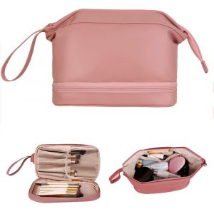 Trousse De Maquillage De Voyage Double Compartiment Avec Poign&eacute;e - Organisateur Cosm&eacute;tique Rose Pour Produits De Toilette Et Maquillage - Neuf