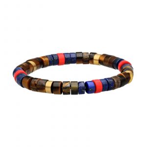 Bracelet Acier Perles Heishi 6mm Pierre Lapis Jaspe Rouge Et Oeil De Tigre - Neuf