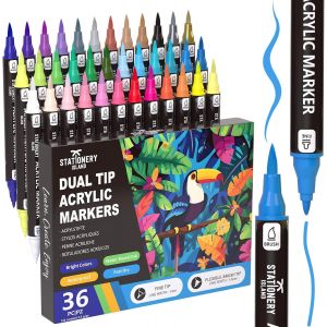 KALANKA-Feutre Acrylique Peinture stylo 36 Couleurs Marqueur Peinture Acrylique Pointe Fine & Pinceau Acrylic Paint Marker pour Roche Tissu Pierre Bois Verre Papier Plastique - Neuf
