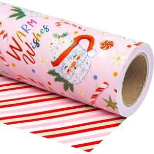 Papier D'emballage De Noël Réversible - Mini Rouleau 43,2 Cm X 10 M - Conception De Tasse Et Rayures Du Père Noël Pour Vacances Et Célébration De Fête - Neuf