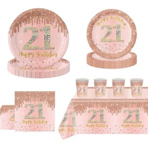 Eryi-69 Pièces De Vaisselle De Fête D'anniversaire En Or Rose, Assiettes En Papier, Nappes, Gobelets En Papier Et Serviettes De Fête De 21e Anniversaire Pour Femmes, Fournitures De Fête D'anniversair - Neuf