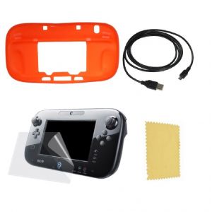 Pack 3 En 1 Nintendo Wii U Gamepad : Housse Silicone Rouge - Chargeur Usb 3.0 - Protection Écran - Neuf