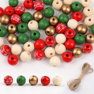 200pcs Christmas Grids + 10m String, Craft Wooden Beads Printed Wooden Spacer Beads Suitable For Christmas Holiday Party Decoration Diy Craft Supplies - Neuf
