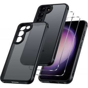 TRAHOO-3 en 1 Coque Mat pour Samsung Galaxy S23 5G 6,1 Pouces, avec 2 Verre Tremp&eacute; Protection &eacute;cran, Etui Translucide Givr&eacute;e Arri&egrave;re Housse Antichoc Case, Cover Anti-Empreintes Digitales, Noir - Neuf
