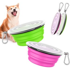 Kalanka-[2pzs Cuencos De Viaje De Silicona Con Tapas Para Perros Gatos Con 1litro De Capacidad, Alimentador De Agua Plegable Portátil, Tazones Para Mascotas De Uso Doméstico, Rose + Vert - Neuf