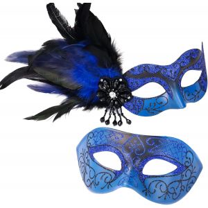 Masque De Bal Masqu&eacute; Pour Couple-Masque De Bal Masqu&eacute; Pour Femme Avec Plumes Et Masque V&eacute;nitien Pour Homme Pour F&ecirc;te De Mardi Gras.[J482] - Neuf