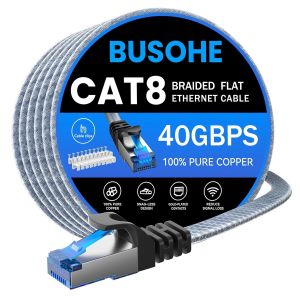 Cat 8 C&acirc;ble Ethernet 25M, C&acirc;ble R&eacute;seau Lan Gigabit Rj45 Plat Haut D&eacute;bit, Tress&eacute; Cable Internet 40Gbps 2000Mhz Compatible Avec Pc, Routeurs, Modems[Z1104] - Neuf