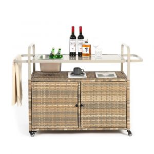 Desserte table de bar d'ext&eacute;rieur chariot de bar en osier avec armoire avec plateau en acier et un seau &agrave; glace roues verrouillables beige - Neuf