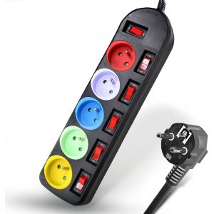Ytfhg-Fishtec Multiprises Electriques 5 Prises Couleur - Bloc Multiprise Couleur - Interrupteur Général + Pour Chaque Sortie + Stickers (Noir) - Neuf