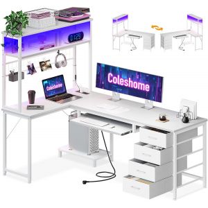 YEMAESRE-Bureau Gaming Avec Étagère De Rangement, Bureau Gaming Angle Avec Tiroirs Et Plateau Pour Clavier, Bureau Gamer En L Avec Led Et Pr Pour Les Joueurs, Blanc, 149.5 × 100 Cm - Neuf