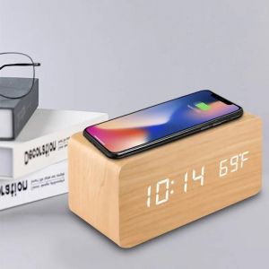 Kavrl-Réveil Numérique En Bois Avec Chargement Sans Fil, Horloge Led Avec Heure, Date, Température, Horloges De Bureau Pour Bureau, Horloge De Chevet,Bamboo-Charging - Neuf