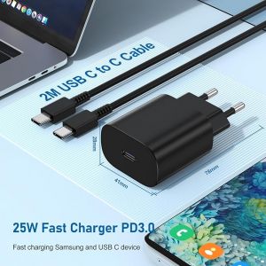 Chargeur Super Rapide 25W + c&acirc;ble 1,5m USB-C, Pour Samsung et Compatible Tous Smartphones USB-C - Neuf