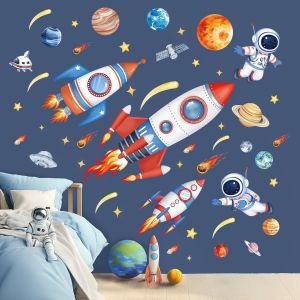 TRAHOO-Stickers Muraux Espace Planète Fusée Autocollants Muraux Mural Stickers Astronaute Étoiles Solaire Système pour Chambre Enfants Garçon Bébé Pépinière - Neuf