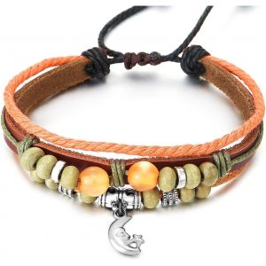 Kal-Lune Et Etoile Charmes - Femme Multi-Brin Perle Charms Bracelet - Brun Cuir Orange Envelopper Bracelet - Neuf