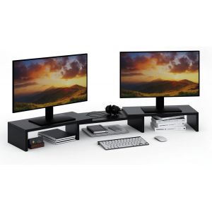 TUHU-Rehausseur De Support Pour Deux Moniteurs,Support De Moniteur,Support Pour Écran,Organisateur De Bureau,Support Pour Ordinateur,3 Étagères,Longueur Réglable,Noir - Neuf