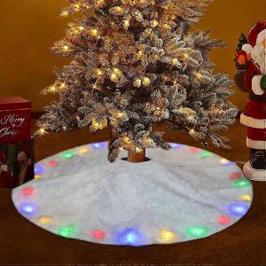 Jupe de sapin de No&euml;l 90 cm en peluche blanche avec lumi&egrave;res LED, cache-pieds et jupe pour sapin de No&euml;l d&eacute;coratif. - Neuf