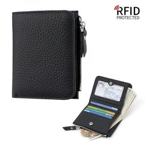 HUED-Petits portefeuilles RFID en cuir véritable pour femmes, poche à monnaie zippée, porte-monnaie à deux volets courts, porte-cartes multiples, mode-Black - Neuf
