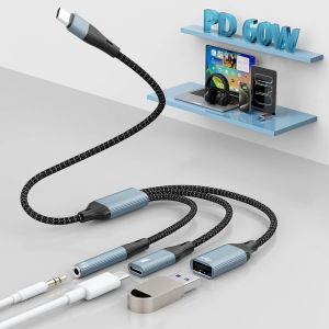 Adaptateur USB C vers casque 3,5 mm et chargeur USBC 3 en 1,Adaptateur USB-C vers USB OTG avec Port USB+USB C pour le chargement+Port casque 3,5 mm,USB C r&eacute;partiteur pour iPhone 16/15/Samsung/MacBook - Neuf