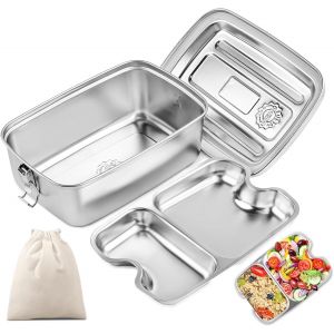Kalanka-2000ml Bo&icirc;te &Agrave; Bento En Acier Inoxydable, Lunch Box Inox Avec Compartiment Et Sac, Anti Fuite, Passe Au Lave-Vaisselle, Pour Pique Nique, Travail, Ecole-2 Grilles - Neuf