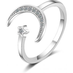 Kahfl-Bague Étoile Et Lune Bague En Argent 925 Pour Femme Fille Bague Réglable Argent Bague Femme Zirconium Bague Ouverte Cristal Bague Argent Anneau Bijoux Bague Pouce Bague De Fiançailles - Neuf