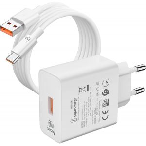 Letnerny-Chargeur Usb 66 W Et 2 M Câble Usb C Pour Honor Magic7 5g Lite 6 Lite,6 A Supercharge Charge Rapide Adaptateur Chargeur Et Câble Type C Pour Honor 90 70 Lite 200 Pad 9 Magicpad 2 X8a Huawei - Neuf