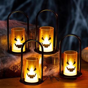 TRAHOO-4 Pi&egrave;ces Lanterne Halloween LED Bougie Exterieur avec Batterie, Lanterne Fant&ocirc;me Citrouille Sorci&egrave;re Geist Decor Exterieur Interieur a Suspendre (4 Pi&egrave;ces Bougie LED Halloween) - Neuf