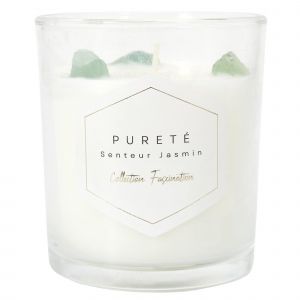 Bougie parfumée avec pierres 35h FASCINATION à la cire de paraffine senteur jasmin - Neuf