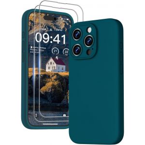 3 en 1 Coque iPhone 15 Pro Max Silicone Liquide avec 2 Verre Tremp&eacute;, &Eacute;tui Protection Pr&eacute;cise de Cam&eacute;ra [R&eacute;sistant aux Rayures] [Antid&eacute;rapant] iPhone 15 Pro Max Case 6.7"", Vert Fonc&eacute; - Neuf