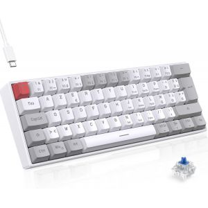 Clavier Mecanique - Clavier Gamer De Jeu Filaire Switch Bleu, Azerty Français, Led Rétroéclairé, Clavier Gaming Mini 60% Pour Pc/Windows/Ps5/Ps4, Blanc Et Gris - Neuf
