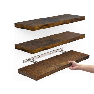 Ensemble de 3 &eacute;tag&egrave;res murales flottantes en bois marron pour rangement et pr&eacute;sentation - Neuf