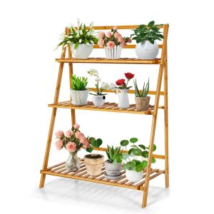 Support De Plantes Pliant &Agrave; 3 Niveaux 70 X 38 X 95,5 Cm Grande Capacit&eacute; De Stockage Design Moderne En Bambou Naturel Helloshop26 20_0017269 - Neuf