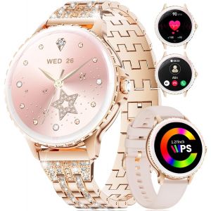 Montre connectée Femme avec Appel Bluetooth, 1,27"" HD, Messages, Notifications pour Android iOS, Smartwatch Ronde, Fréquence Cardiaque, Moniteur de Sommeil, 100+ Modes Sport, 160+ Cadrans, 2 Bracelets - Neuf