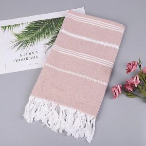 Serviette Surdimensionnée En Coton Turc Avec Pompon 100x180cm,Couverture,Adaptée Au Bain,À La Plage,À La Piscine,Au Spa,À La Salle De Bain Rayée.100x180 Cm.Light Pink - Neuf