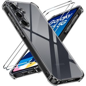 LORANKA-Anti-Jaunissement HD Clair Coque pour Samsung Galaxy A55 5G avec 2 Pi&egrave;ces Verre Tremp&eacute;, Transparente &Eacute;tui de Protection Militaire Antichoc avec Coins Renforc&eacute;s Mince Bumper Housse (Noir) - Neuf