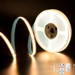 Cuiv-Bande Led Cob Blanc Chaud 2700k,5m 2400leds 24v Cri90 Kit Ruban Lumineuse Cob Lumineux Dimmable Avec Télécommande Rf Et Alimentation Cob Led Pour Miroir,Plafond,Cuisine,Armoire,Placard - Neuf