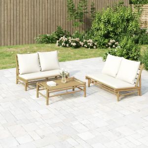 Prolenta Premium - Salon De Jardin 2 Pcs Avec Coussins Blanc Cr&egrave;me Bambou - Neuf